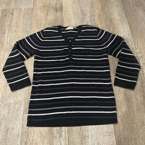 Croft & Barrow Black and Gray Striped V-Neck Sweater with Buttons Y2K Grunge